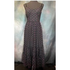 Betsey Johnson Lip Print‎ Tulle Maxi Dress Black Pink Strappy Fit Flare Size 10